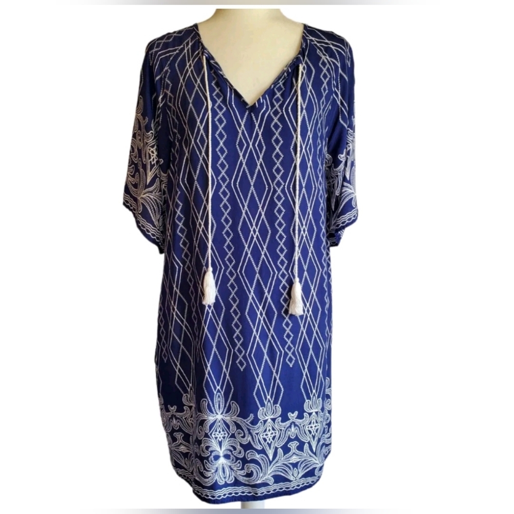 Blu Heaven Dress‎ Womens Small 3/4 Sleeve Keyhole Tie Cover Up Tassels Pockets S
